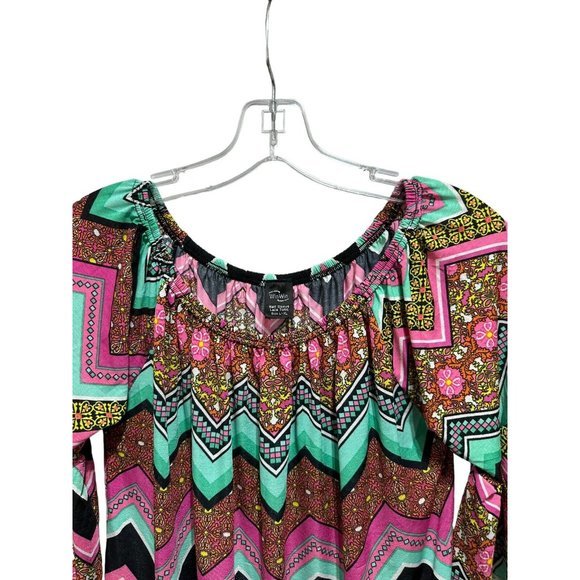 Win Win Top Womens Large Extra Large Sleeve Tunic‎ Pink Green Black White Lace - Picture 3 of 9